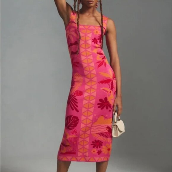 Farm Rio Sweater Dress Square Neck Sleeveless Stretch Floral Pink Orange Medium - Picture 1 of 12